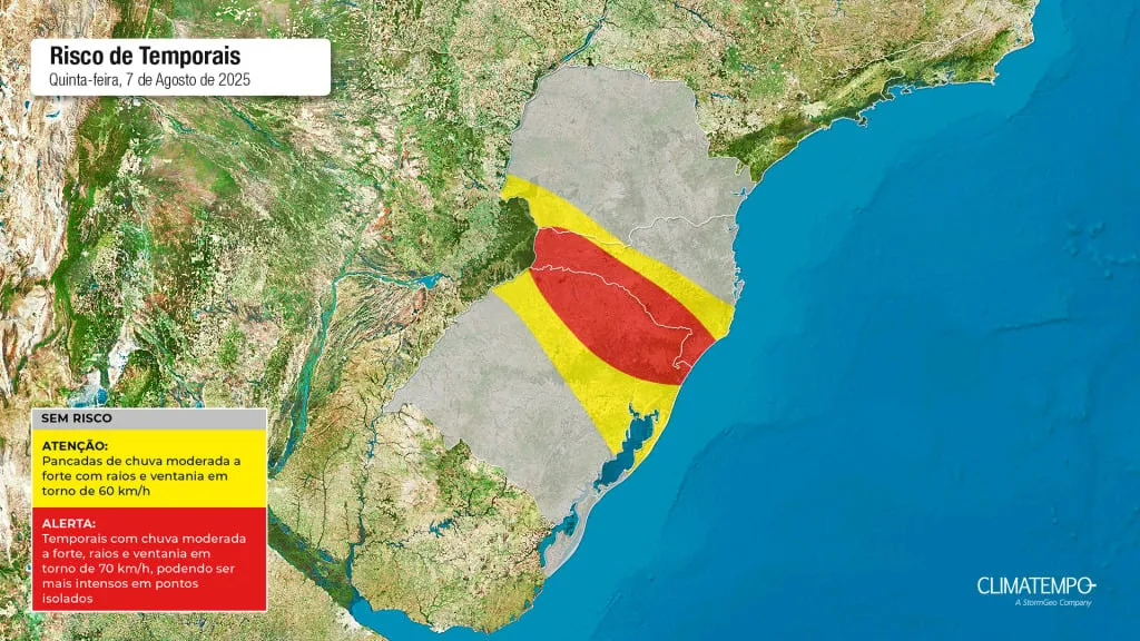 O mapa mostra as áreas em alerta para temporais 